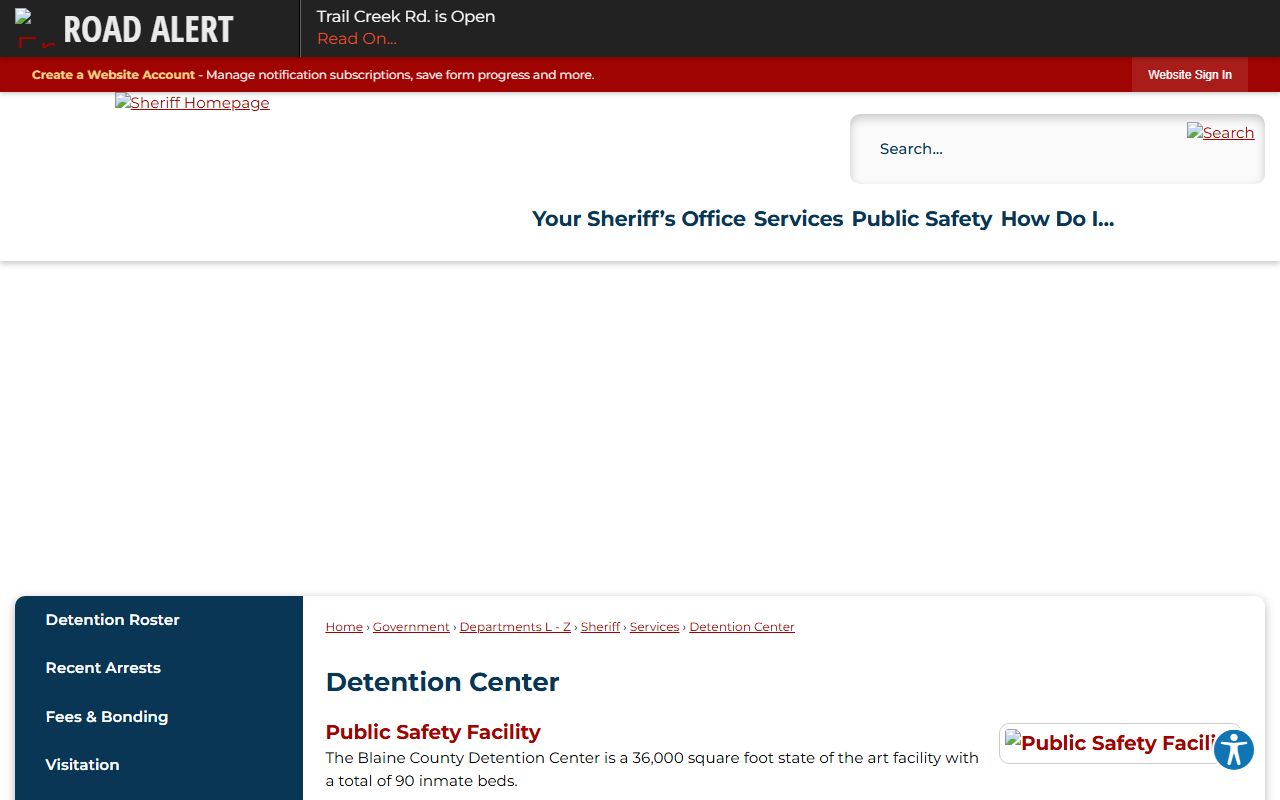 Blaine County Detention Center official page showing capacity and housing details