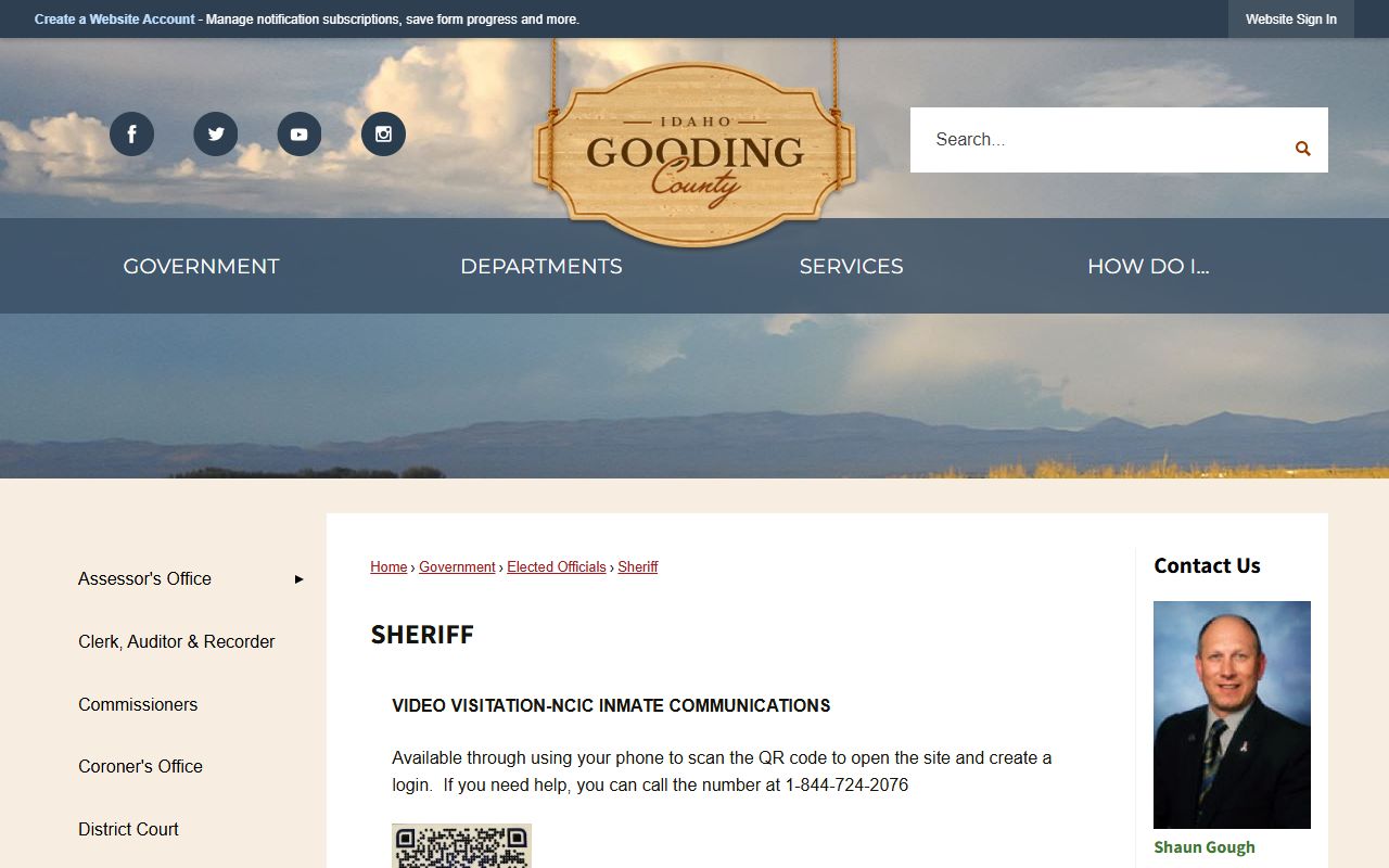 Gooding County sheriff page showing jail visitation, commissary, PREA, and contact details