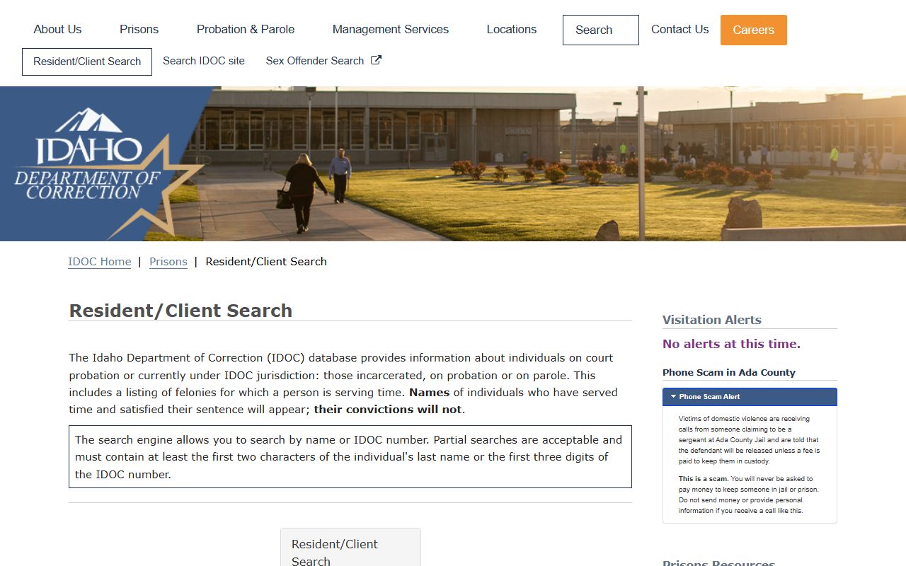 IDOC resident client search Camas County inmate booking photo distinction